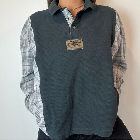 Reworked Upcycled Wrangler Long Sleeve Baggy Henley Warm Flannel Shirt Top - Picture 3 of 4